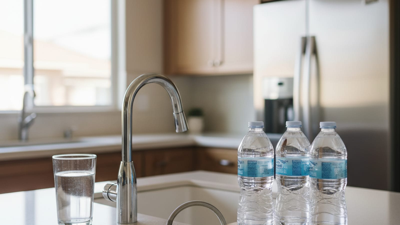 Countertop comparison of bottled water and a glass of reverse osmosis filtered water in a San Diego kitchen