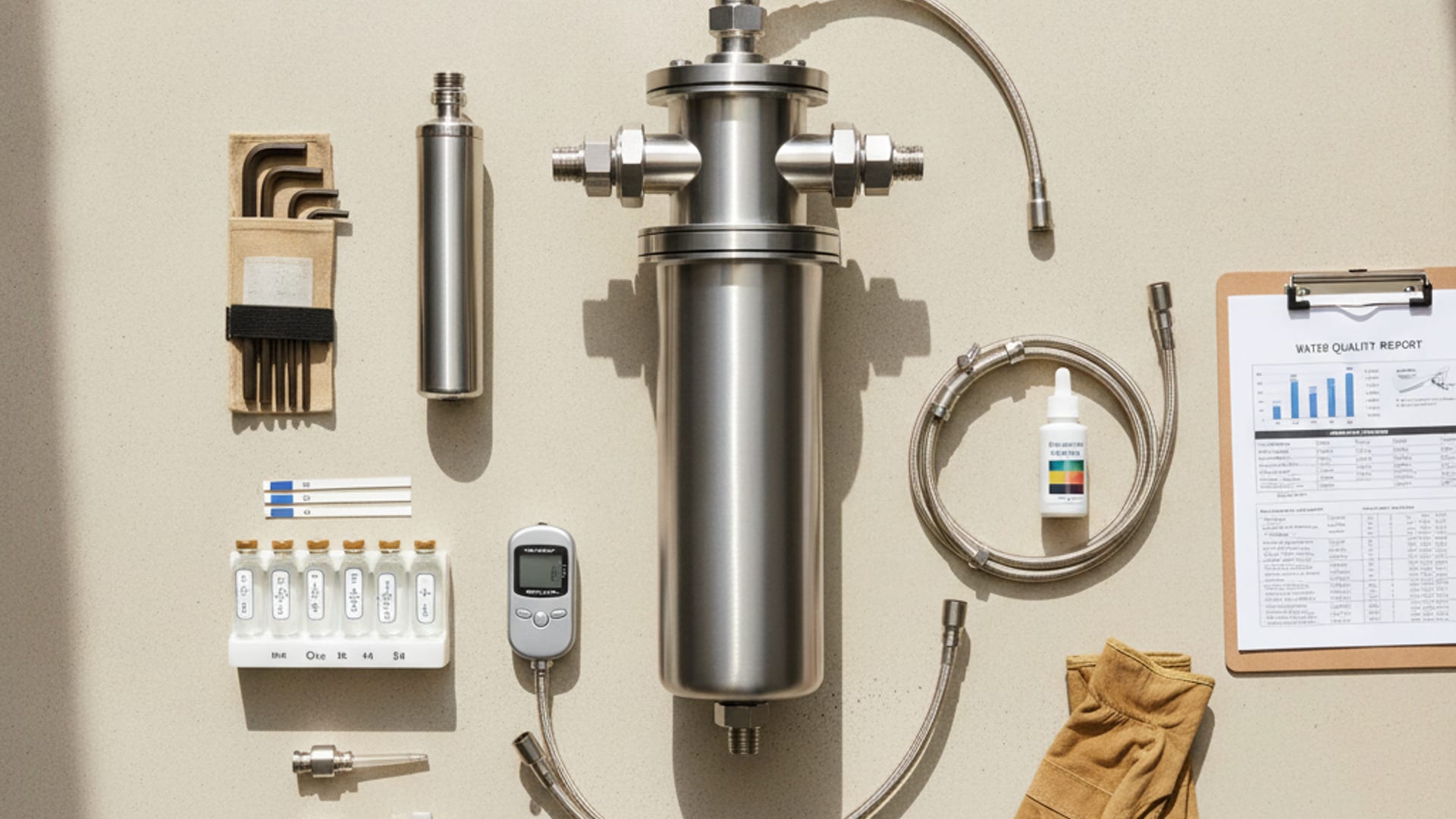 Technician connecting a whole-house water filtration system with medical-grade stainless steel tanks in a San Diego utility room