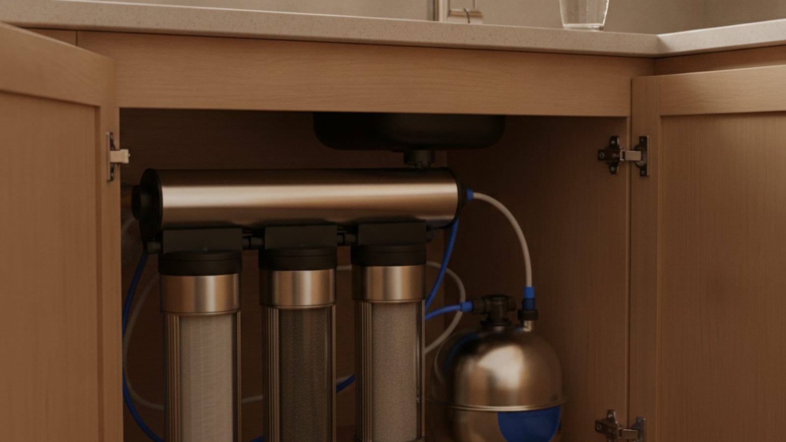 Under-sink reverse osmosis system with storage tank and dedicated faucet installed beneath a kitchen sink in a San Diego home