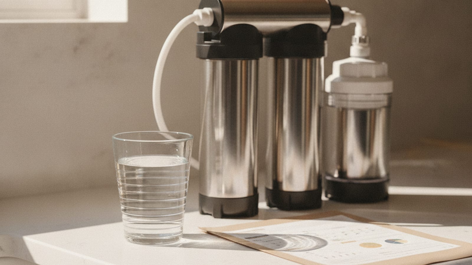 Glass of clear drinking water on a kitchen counter in San Diego with an under-sink reverse osmosis system visible beneath it