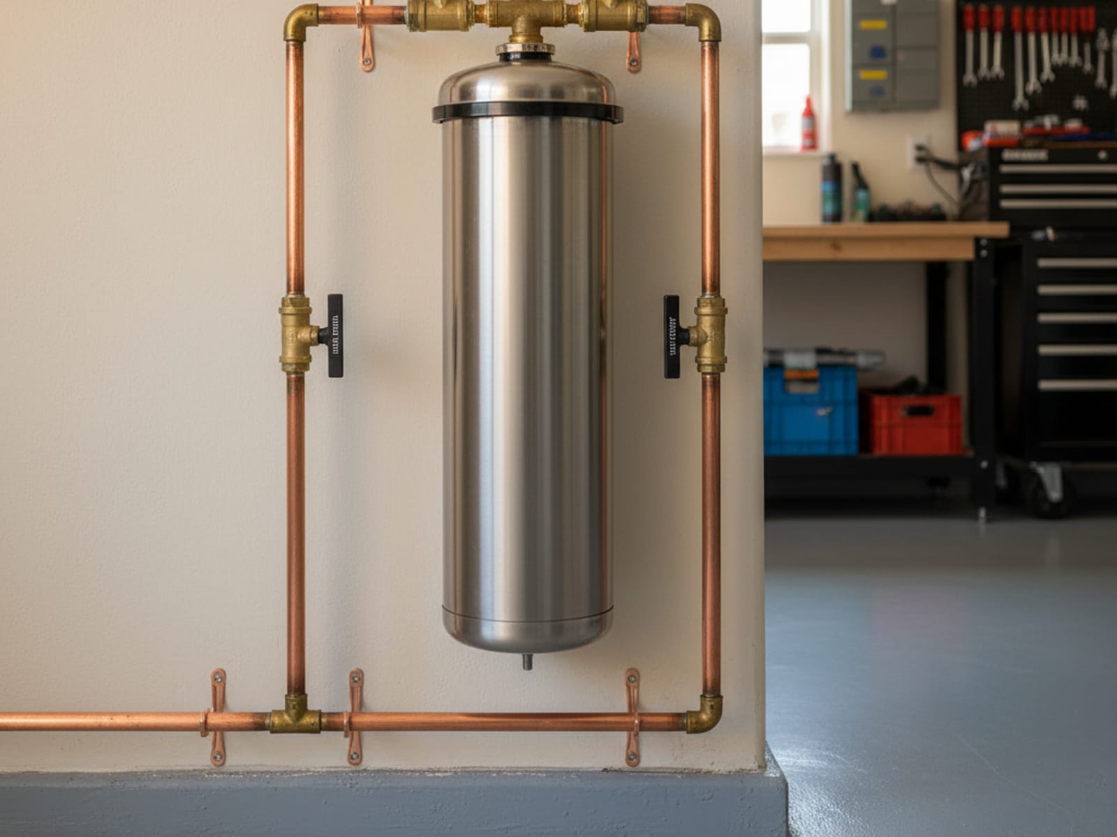 Whole-house catalytic carbon filtration system in stainless steel tanks removing chloramine from San Diego tap water