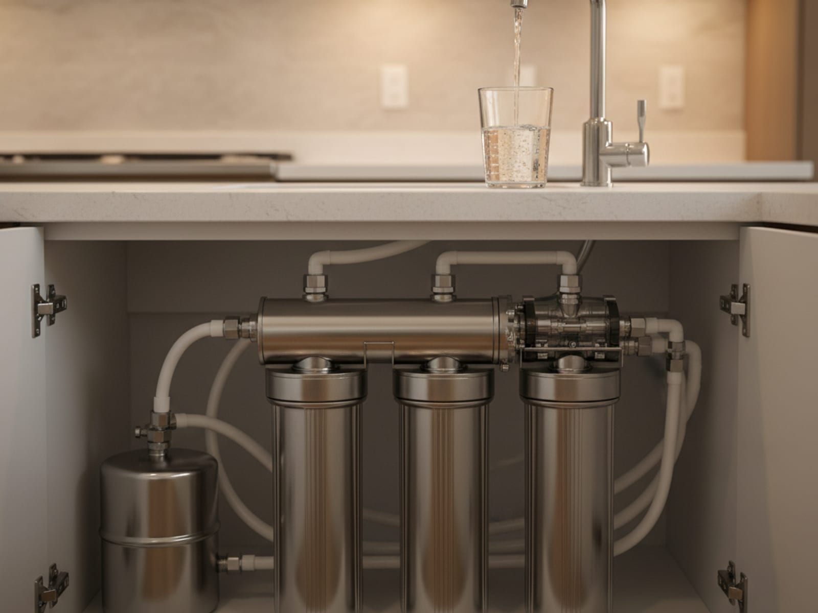 Under-sink reverse osmosis system with dedicated drinking water faucet installed in a San Diego kitchen