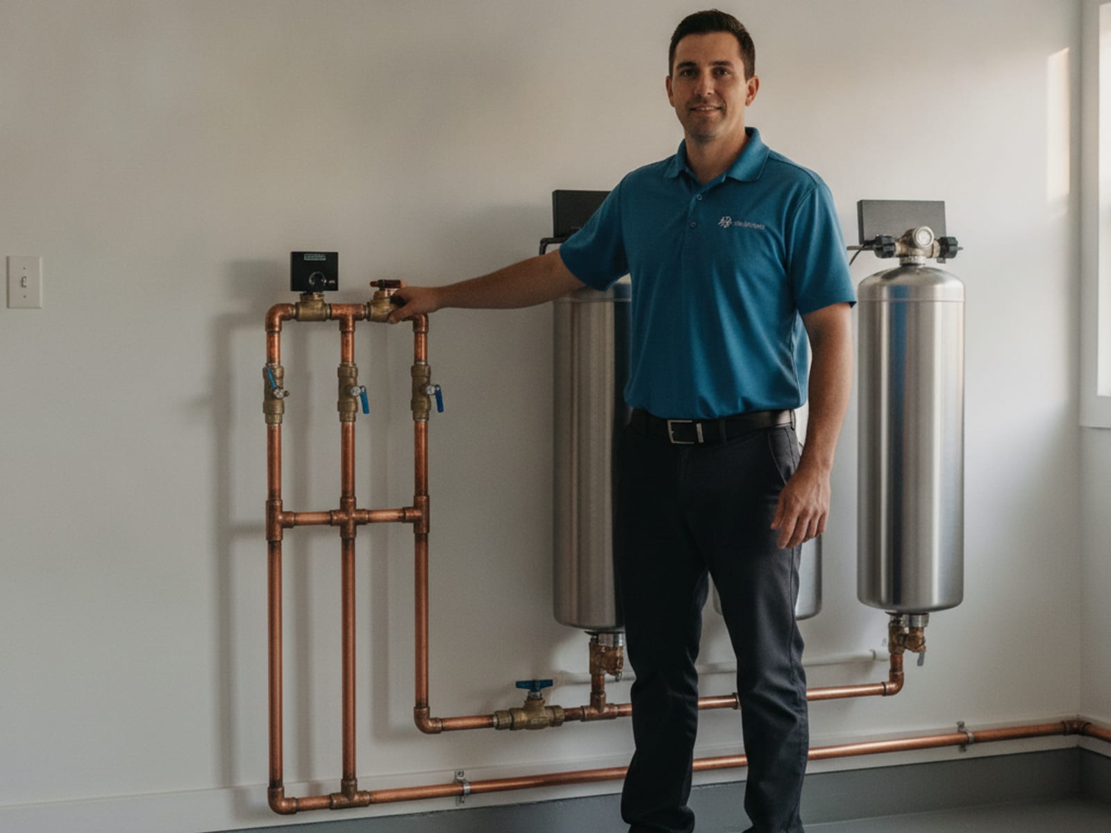 Medical-grade stainless steel whole-house water filtration system installed in a San Diego utility room